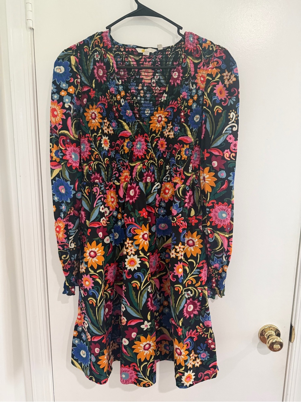 Boden Smocked Bodice Mini Dress Womens 10 Long Black Gardenia Pop Balloon Sleeve - Picture 1 of 5
